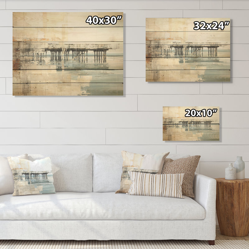«Minimal Watercolor Pier Horizon I», art mural sur bois de pin côtier sur bois de pin naturel, H 10 po x l 20 po