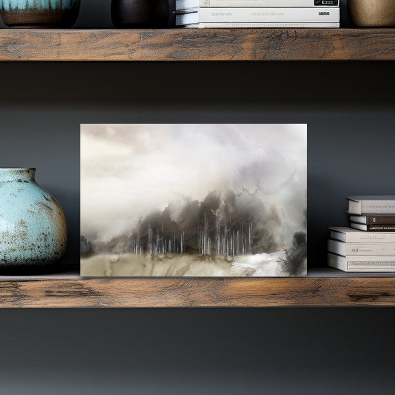 «Misty Forest Under Grey Skies», art contemporain de paysage contemporain, H 12 po x l 18 po