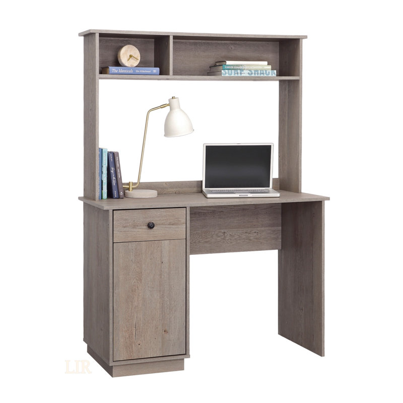 Bureau compact avec huche et plusieurs options de rangement, parfait pour un espace de travail efficace et divers styles de décoration.
