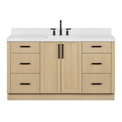 Meuble-lavabo rectangulaire simple de 152 cm (60 po) avec comptoir en quartz blanc de Carrare de 3,8 cm (1,5 po) d'épaisseur, fini chêne naturel