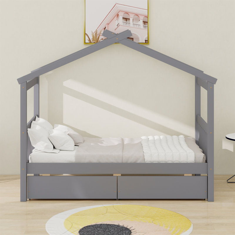 Lit en bois avec tiroirs, Gris, Lit simple