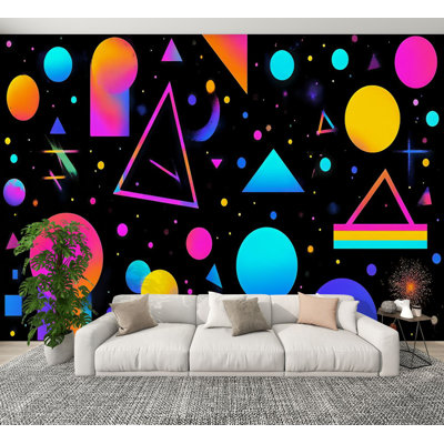 Peel and Stick Wallpaper 1980S Arcade Gamer Retro 80S 90S Neon Geometric Multicolor Pop Art Wall Murals 100"H x 144"W Removable PVC Wall Paper Self-Adhesive Wall Decor for Bedroom Living Room Home Office