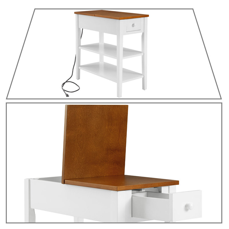 Minimalist Compact Wooden Storage End Table with Charging Station, White
