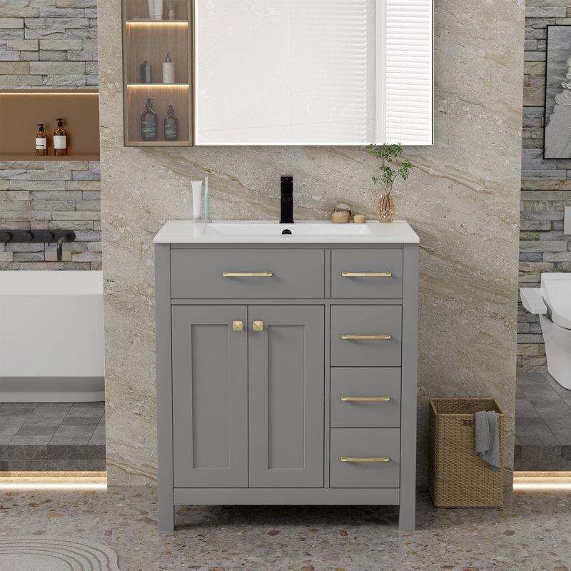 Ensemble de meuble-lavabo simple 30 po avec plateau d'évier Manrique Makowski, robinet en alliage de zinc, surface peinte, portes à fermeture en douceur, certifié EPA