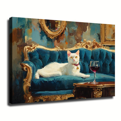 Chat blanc sur canapé en velours bleu rétro avec verre à vin rouge, grande impression sur toile tendue avec châssis pour le salon, la chambre à coucher