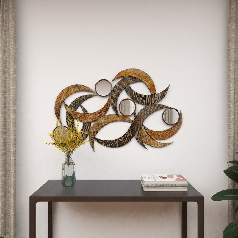 Campuzano Metal Abstract Beige Wall Decor with Round Mirror Accents