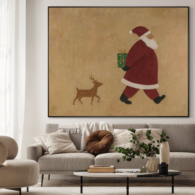 Très grand imprimé mural d'art sur toile - Père Noël marchant avec un renne, décor de scène de Noël pour le salon ou la chambre à coucher - «Assemblage requis du cadre (cadre non fini)»