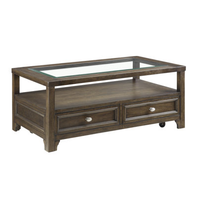 Modern Brown Wood Cocktail Table with Glass Inset Top, 2 Drawers and Open Shelf for Living Room