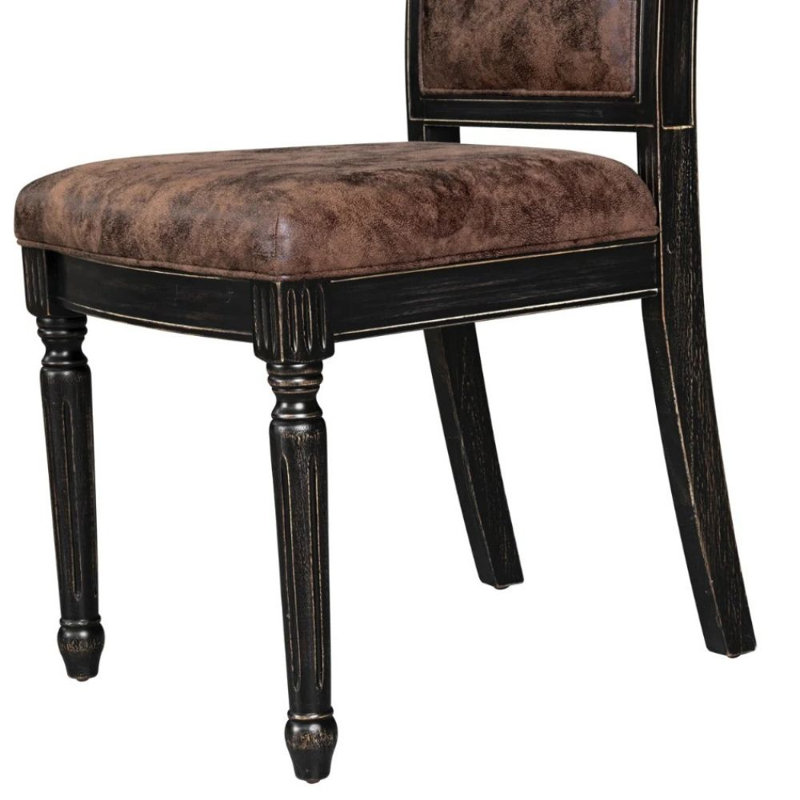 Ensemble de table de salle à manger 5 pièces avec 4 chaises rembourrées en polyester texturé brun, haut dossier et une table de cuisine au fini noir sablé.