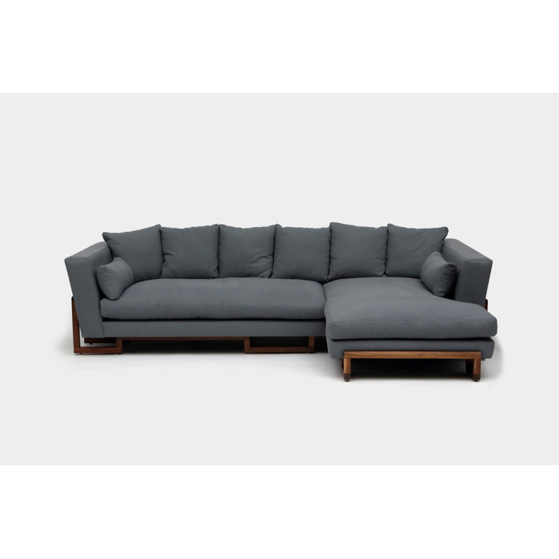 LRG Upholstered L-Shaped Sectional Left Hand Facing, Petrol Linen Blend, Left and Back Side Trays, Solid Walnut