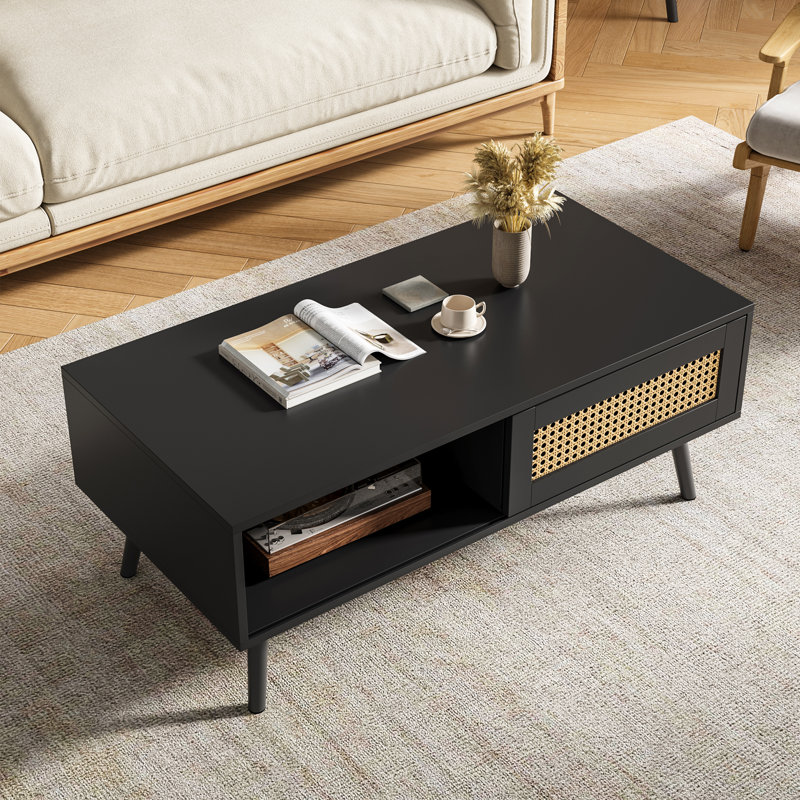 Table basse moderne en rotin avec portes coulissantes, 3 compartiments de rangement, pieds en bois massif, centre de rangement compact pour condos