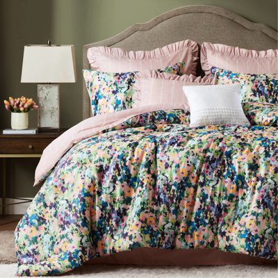 Édredon 8 pièces pour grand lit toutes saisons d'aspect floral romantique, jupe de lit brossée douce et assortie, impression de couleurs éclatantes, confort léger, taies décoratives à volants