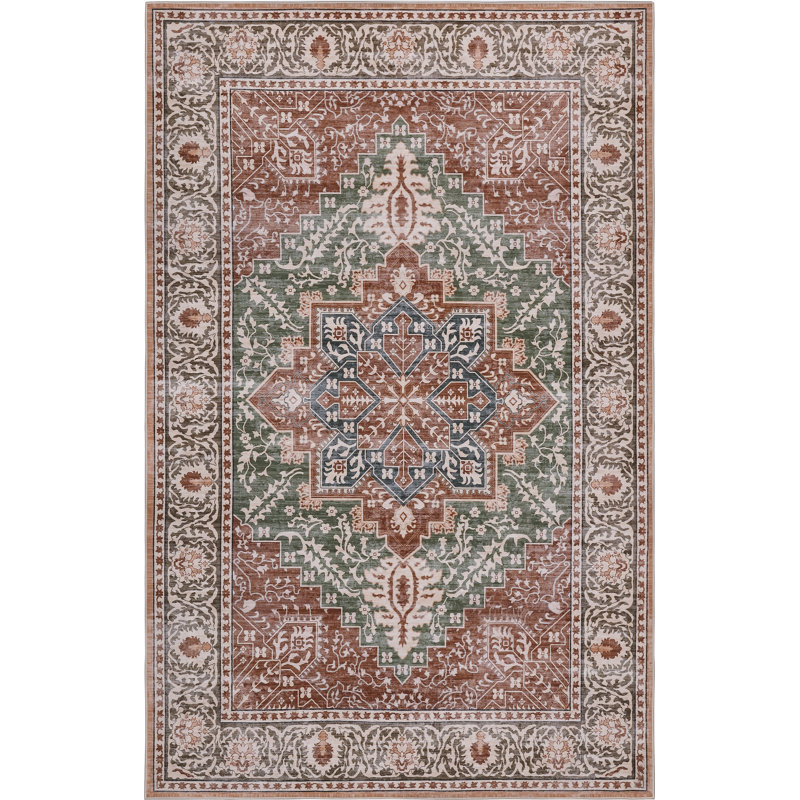 Eleanor Vintage Medallion Border Machine-Washable Rug, Rectangle 5' x 8', Green/Brown