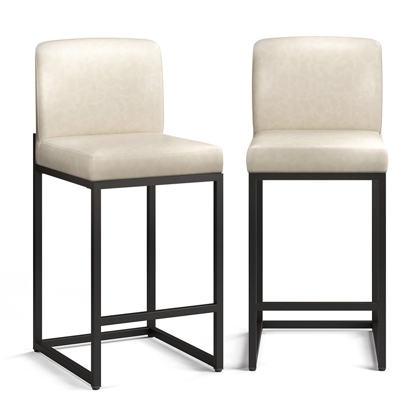 61cm Modern Upholstered Kitchen Counter Stool with Metal Sled Base & Faux Leather, White, 2