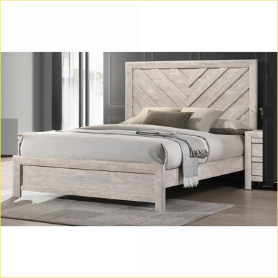 Full Size Rustic Wooden Bed Frame with Geometric Chevron Headboard Beige Grey Finish for Bedroom