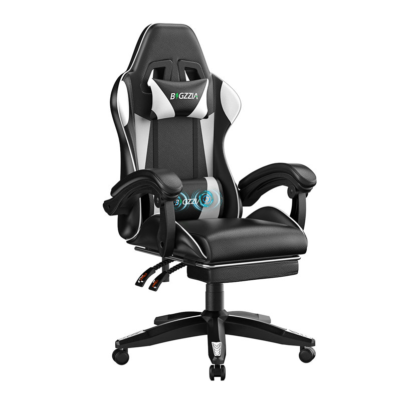 Ergonomic Game Chair with Massage Lumbar Support and Footrest Swivel, Black/White