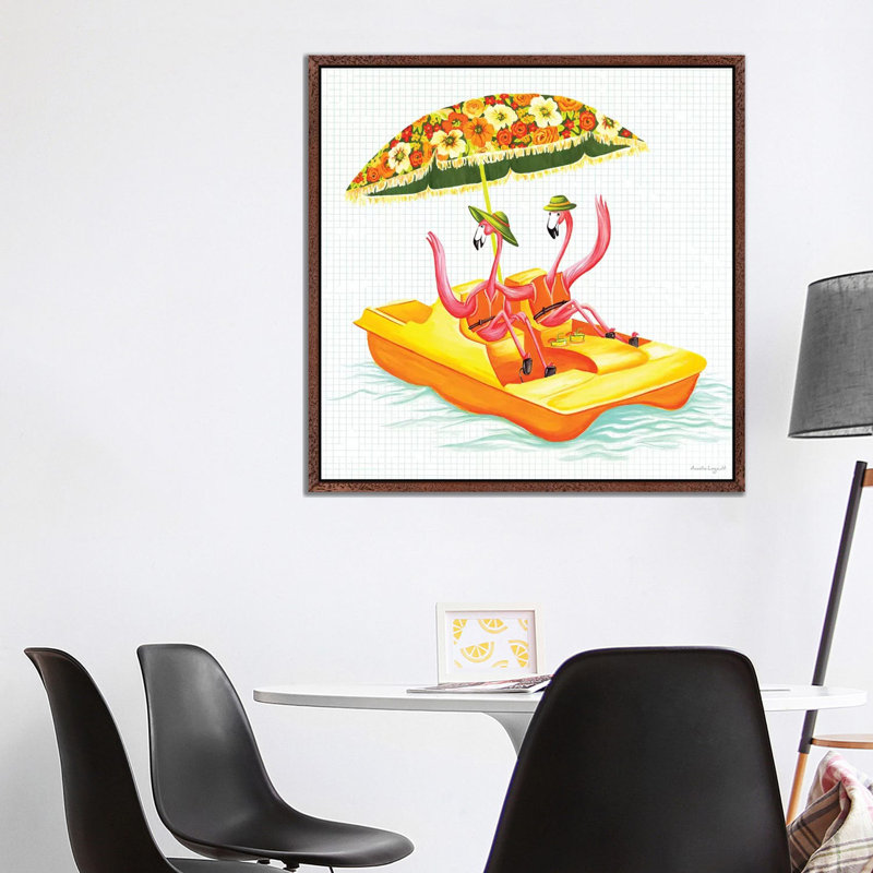 Flamingos Pedal Boat 1 Piece Painting on Canvas, 93.98cm H x 93.98cm W x 3.81cm D, Classic Brown Wood Floater Framed