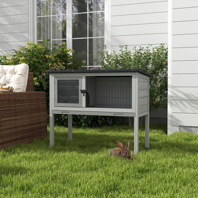 Wooden Guinea Pig Hutch Small Animal Cage with Tray & Roof Grey