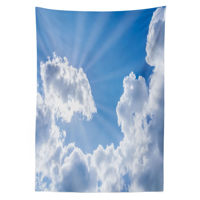 Ambesonne Landscape Tablecloth, Sun Rays Breaking Through The Clouds Atmosphere Nature Scenery Picture, Rectangular Table Cover For Dining Room Kitchen Decor, 52" X 70", Blue White