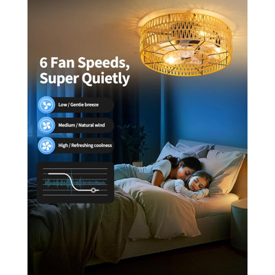 Boho cage Style Ceiling Fan with Retro Rattan lampshade Embedded Ceiling Fan with Light and Remote Control for 6-Speed Enclosed Ceiling Fans in bedrooms, Living Rooms, and Kitchens