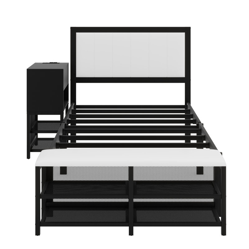 Lit plateforme en métal avec tablettes de rangement à deux niveaux, armoire de rangement en bois, Noir