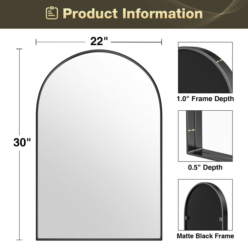 Miroir mural en arche 30 po x 22 po Axia pour salle de bain, salon, entrée, Noir mat, 30 po x 22 po