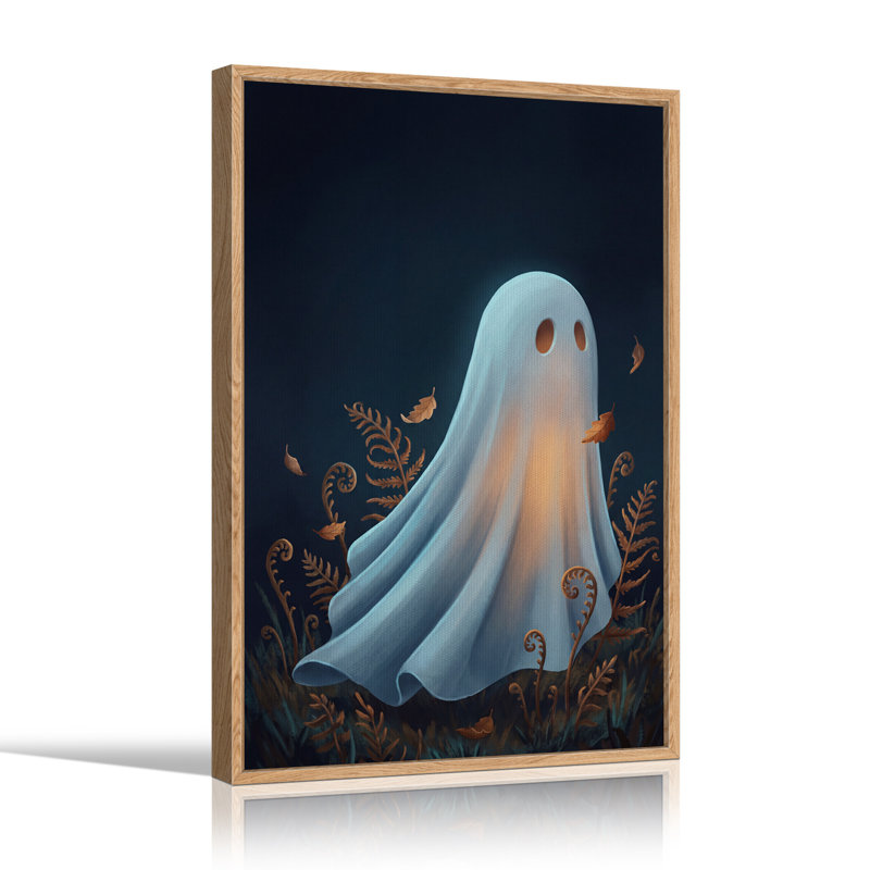 Tableau sur toile d'Halloween représentant un fantôme blanc lumineux flottant près de fougères brunes, H 48 po x l 32 po