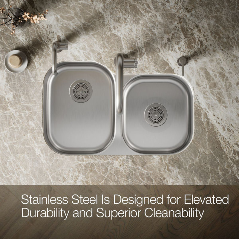 Undertone® 31" L x 20-1/8" W x 9-1/2" Under-Mount Large/Medium Double-Bowl Kitchen Sink, Large/Medium Double-Bowl