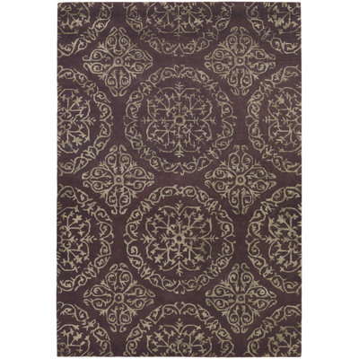 Tapis brun en laine / soie touffeté à la main à motif géométrique Polster