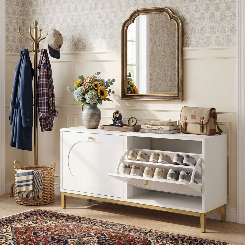 Narrow Shoe Storage Entryway Bench, 2 Smooth Flip Drawers & Adjustable Interior Shelves, Padded Anti-Slip Seat & Anti-Tip Design Suitable For Entryway