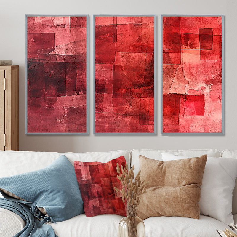 «Cubist Red Secrets - Abstract Collages», ensemble d'art mural, H 40 po x l 60 po x P 1 po, Encadrement argenté