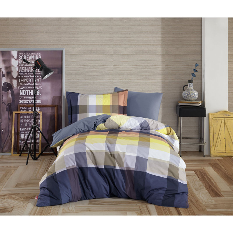 Ensemble de housse de couette simple 100% coton, bleu foncé et jaune, 63 x 87 po | Drap plat 63 x 94 po | Housse de coussin 20 x 28 po | Lavable à la machine, 152 fils, fermeture à boutons élégante, couleurs éclatantes