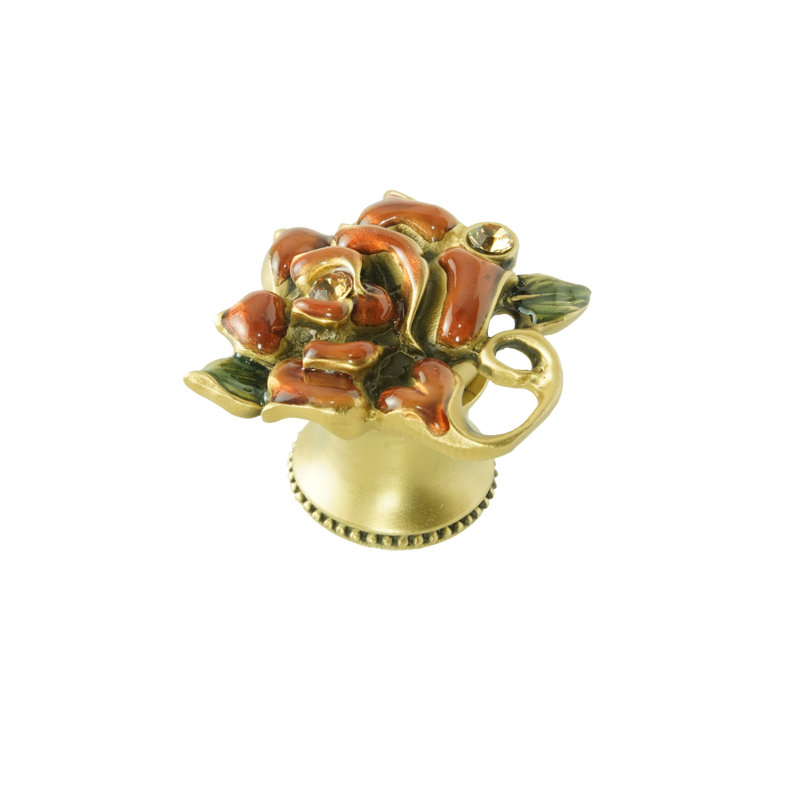 In The Garden rose & leaf knob decorated with Swarovski clear crystals & ruby red glaze in finish Museum Gold