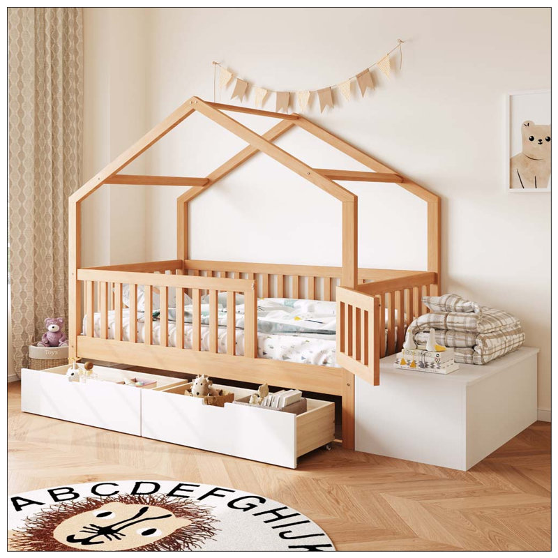 Lit pour tout-petits avec tiroirs de rangement et commode à plateau relevable, lit en bois massif avec garde-corps
