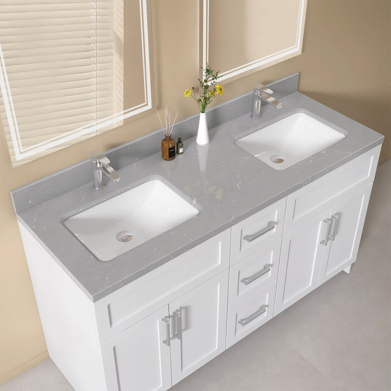 Comptoir de meuble-lavabo double en pierre d'ingénierie l 60 po x P 22 po avec lavabos intégrés et dosseret de 4 po en marbre gris