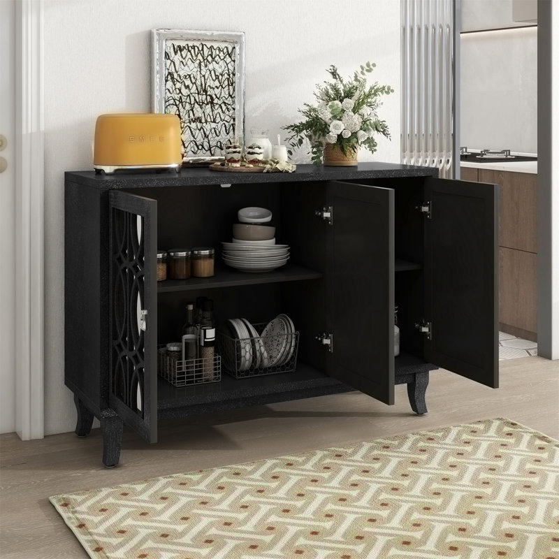Buffet à miroir avec portes en verre, Noir, noir, noir, noir