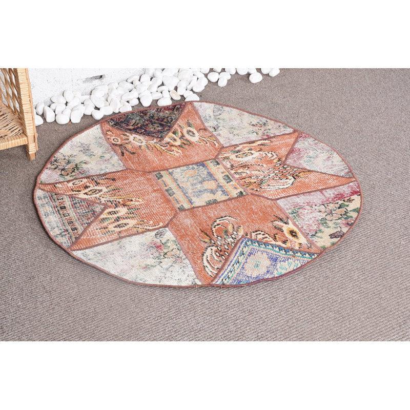 Tapis orange en laine, tapis luxueux, tapis turcs, petit tapis 3,4 x 3,3 pi, tapis Boho, tapis rétro