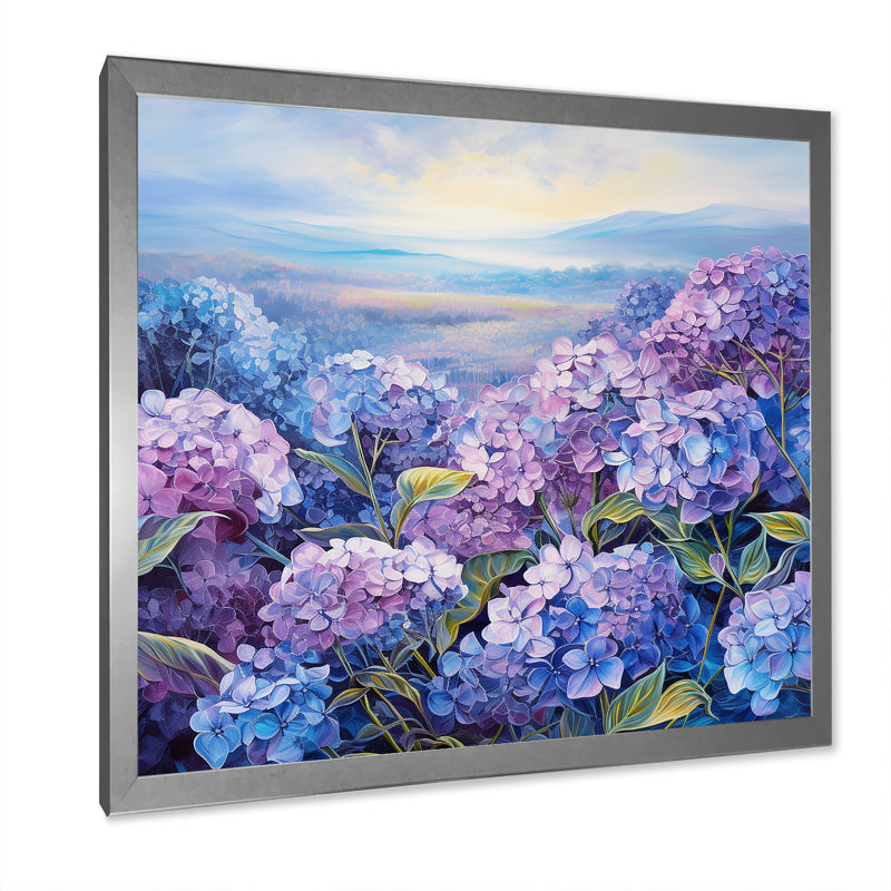 Fleurs d'hortensia mauve sur toile, Cadre simple argenté, H 36 po x l 36 po x P 1,5 po