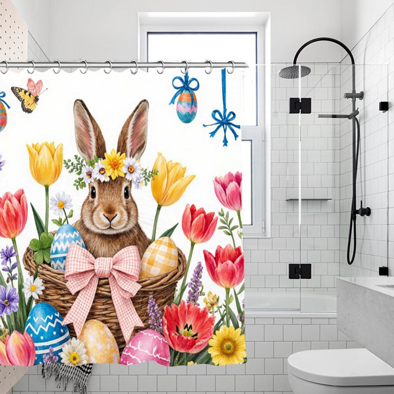 Rideau de douche Pâques dans un panier pour salle de bain, 71 po x 71 po, Lapin brun 2