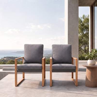 Arunas Steel Outdoor Dining Chair With Wood-grain Finish & Weather-resistant Cushion Set Of 2