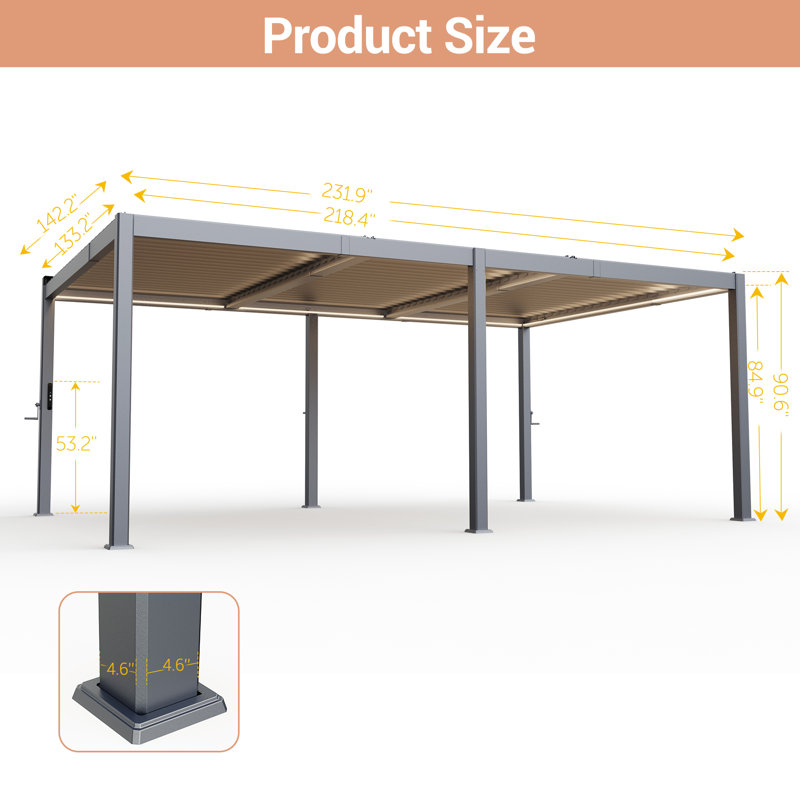ALL Aluminum Pergola with Adjustable Roof and Solar LED, 12 ft x 20 ft