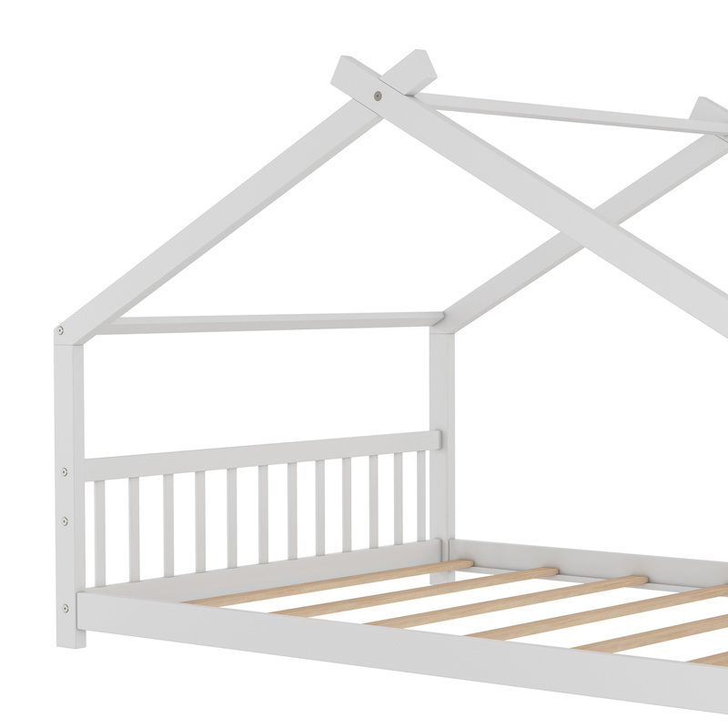 Aby House Platform Bed with Headboard and Footboard,Roof Design, White, Full