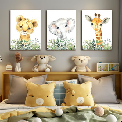Safari pépinière Art mural bébé animal impressions sur toile fille garçon chambre décoration affiche chambre d'enfant décoration Jungle aquarelle peinture ensemble de 3 pour les enfants chambre salle de bain 12 x 16 po encadrée