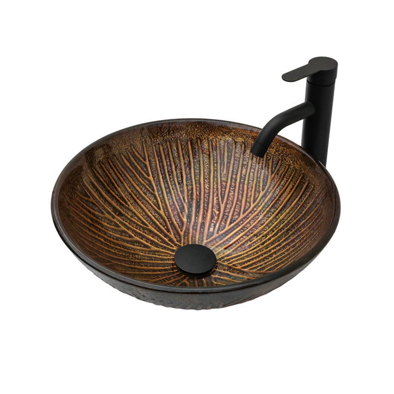 Lavabo vasque en verre trempé à motif de plumes artistique avec drain escamotable