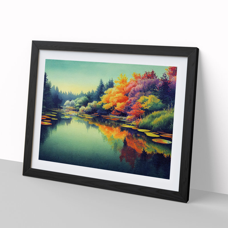 Colourful Watercolour Pond - Single Picture Frame Print, 34cm H x 46cm W x 2cm D, Black Framed
