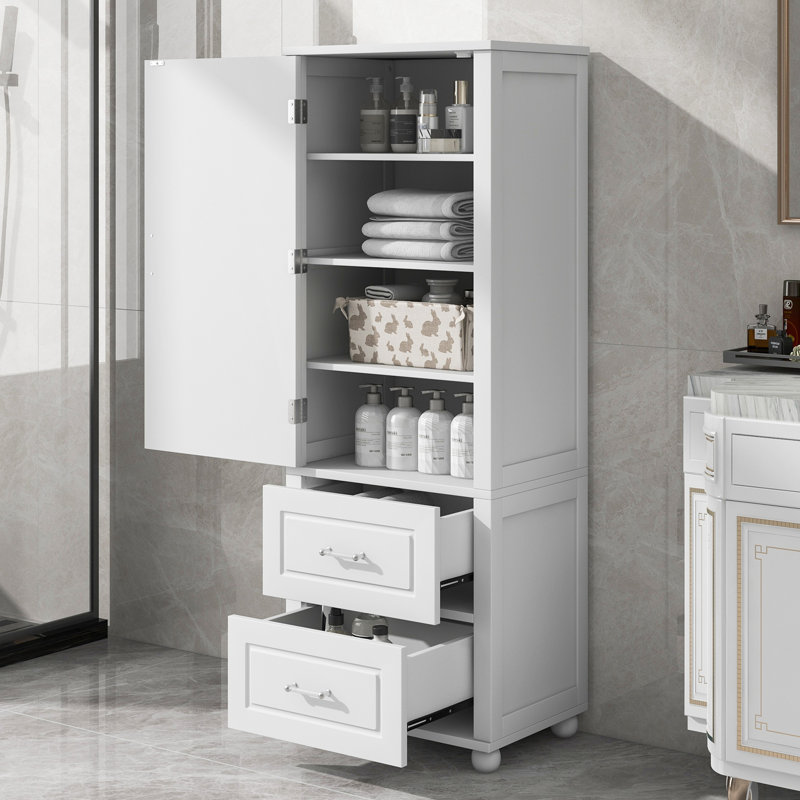 Grande armoire de rangement autoportante blanche avec deux tiroirs et tablette réglable, panneau de fibres à densité moyenne peint