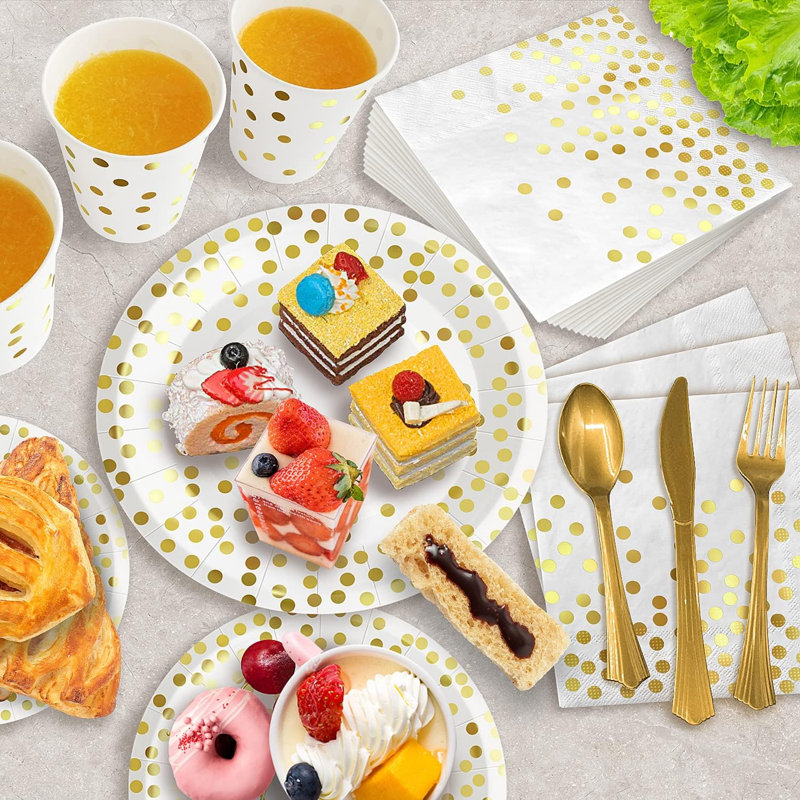 350PCS Disposable Dinnerware for 50 Guests,White Gold Dot Paper Plates Set