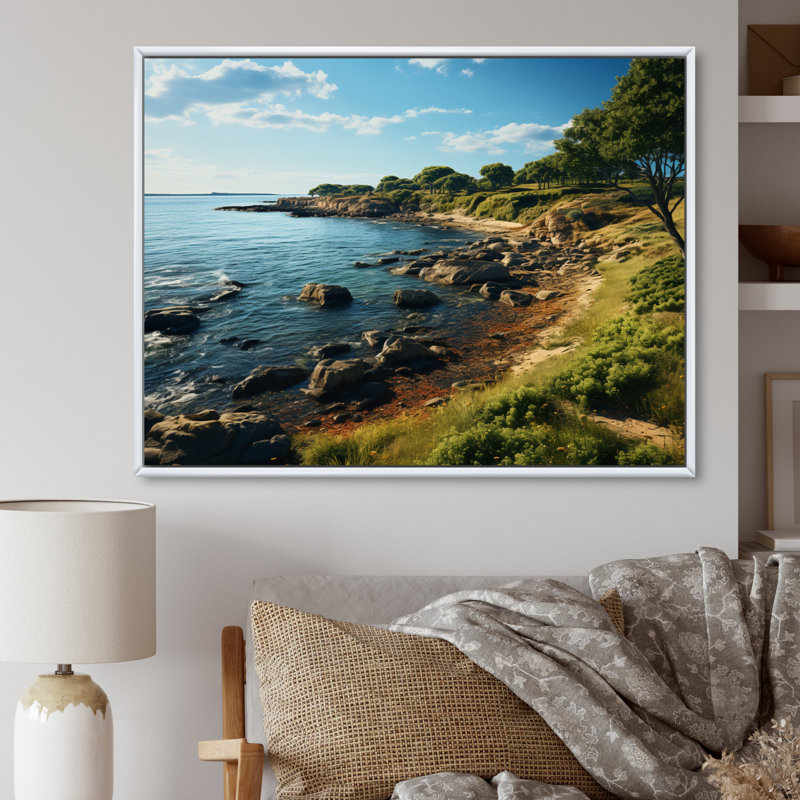 Rhode Seashore Island Landscape - impression, Cadre flottant blanc, H 24 po x l 32 po x P 1 po