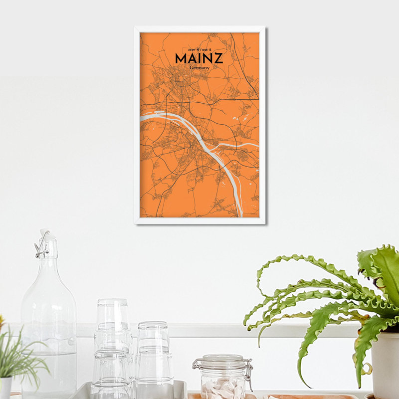 Mainz, carte de la ville, impression, H 17 po x l 11 po, Orange et gris