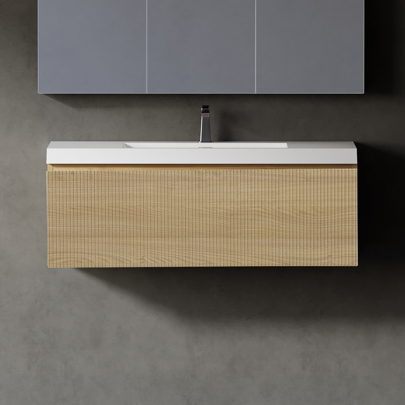Meuble-lavabo mural de 42 po avec lavabo, armoire flottante à l'avant avec tiroir à fermeture en douceur et plateau blanc brillant, finition chêne naturel
